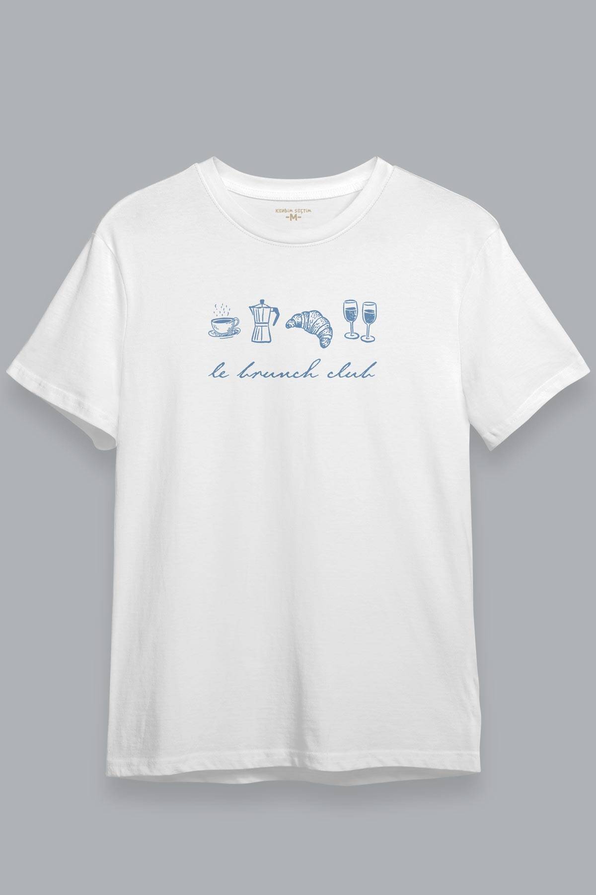 Le Brunch Club Croissant Kahve Wine Minimal Tasarım Kısa Kollu Beyaz Unisex Tişört
