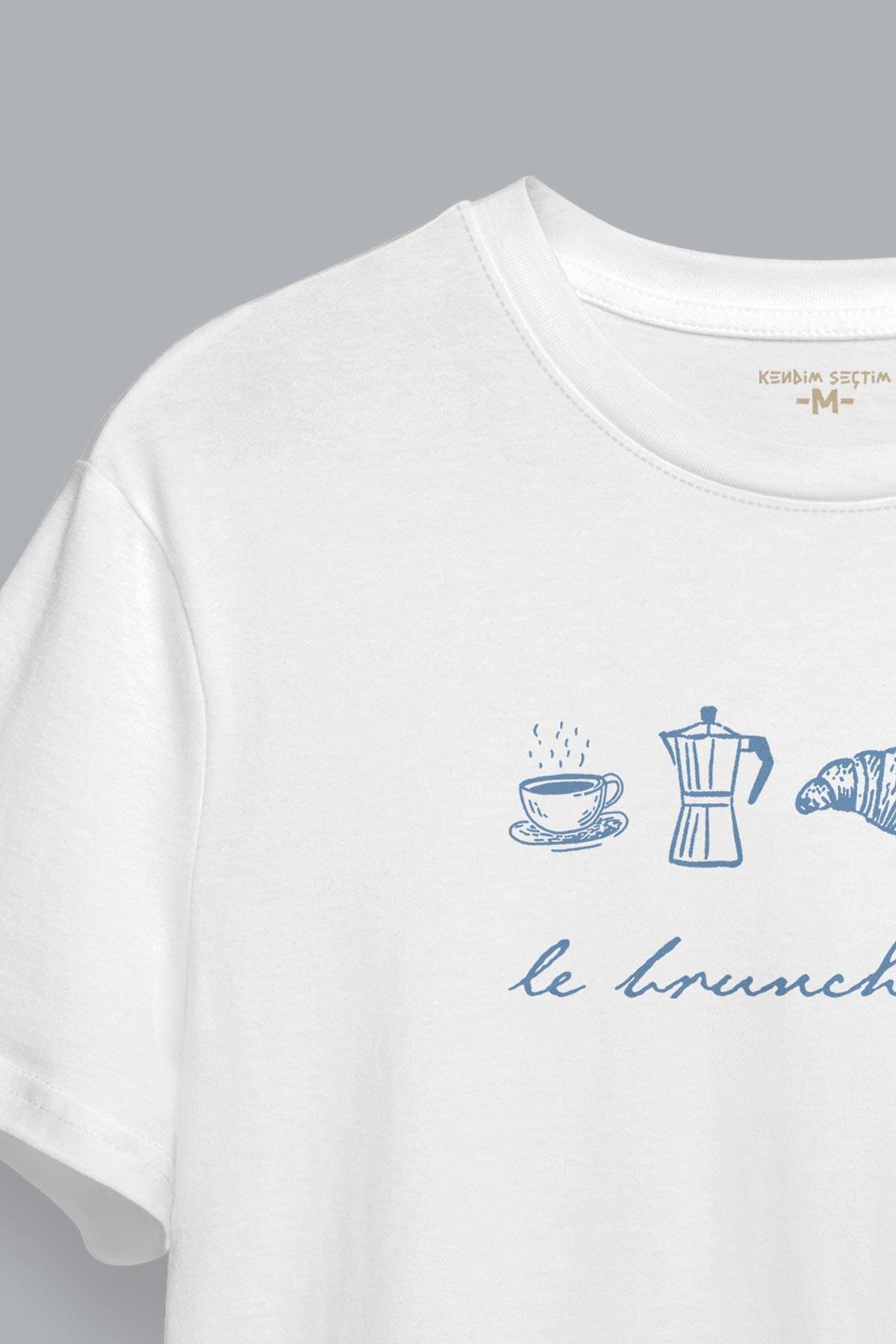 Le Brunch Club Croissant Kahve Wine Minimal Tasarım Kısa Kollu Beyaz Unisex Tişört (1)