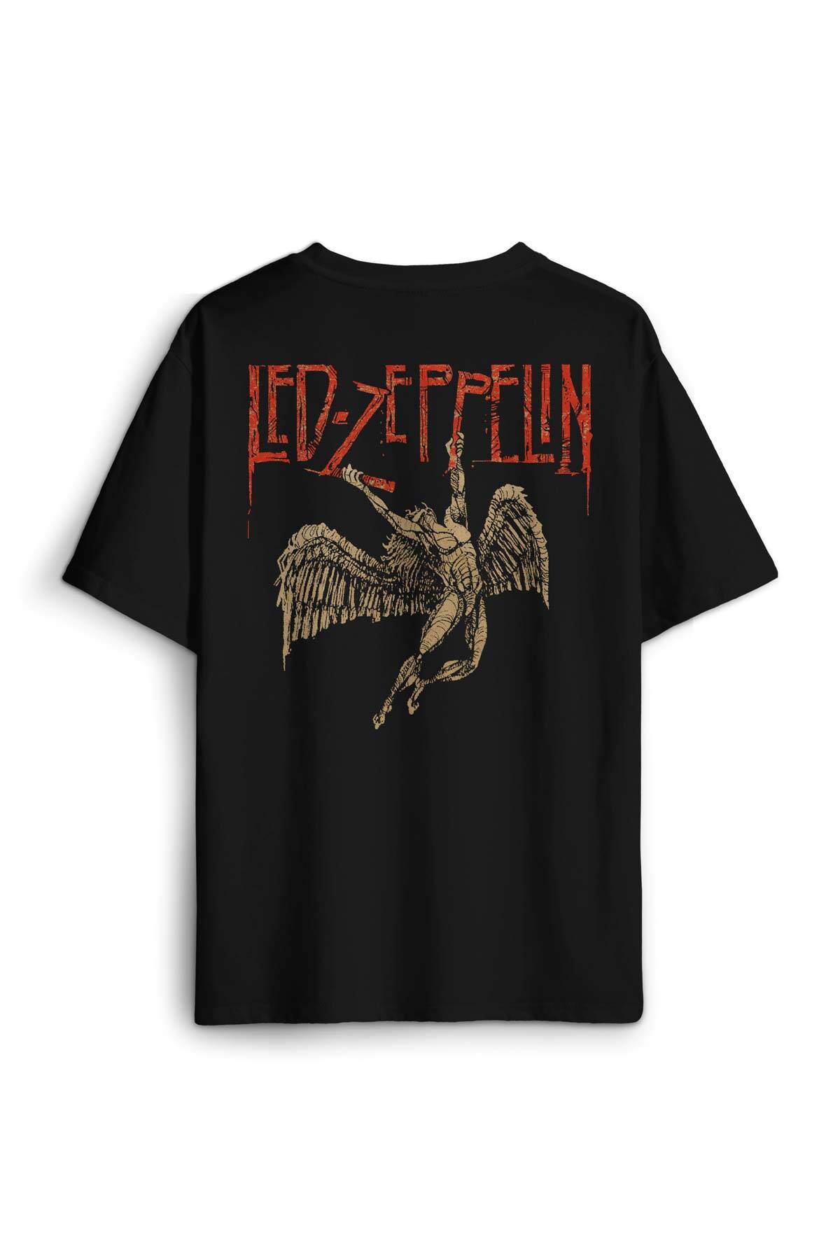 Led Zeppelin Falling Angel Rock Music Sırt Ön Baskılı Oversize Tişört Unisex T-Shirt (1)