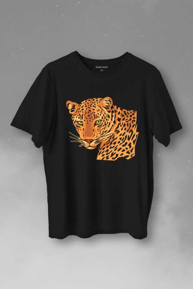 Leopard Face Çita Leopar Yüzü Lion Head Baskılı Siyah Tişört Unisex