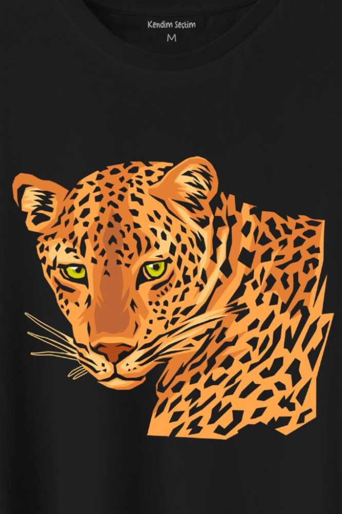 Leopard Face Çita Leopar Yüzü Lion Head Baskılı Siyah Tişört Unisex (1)