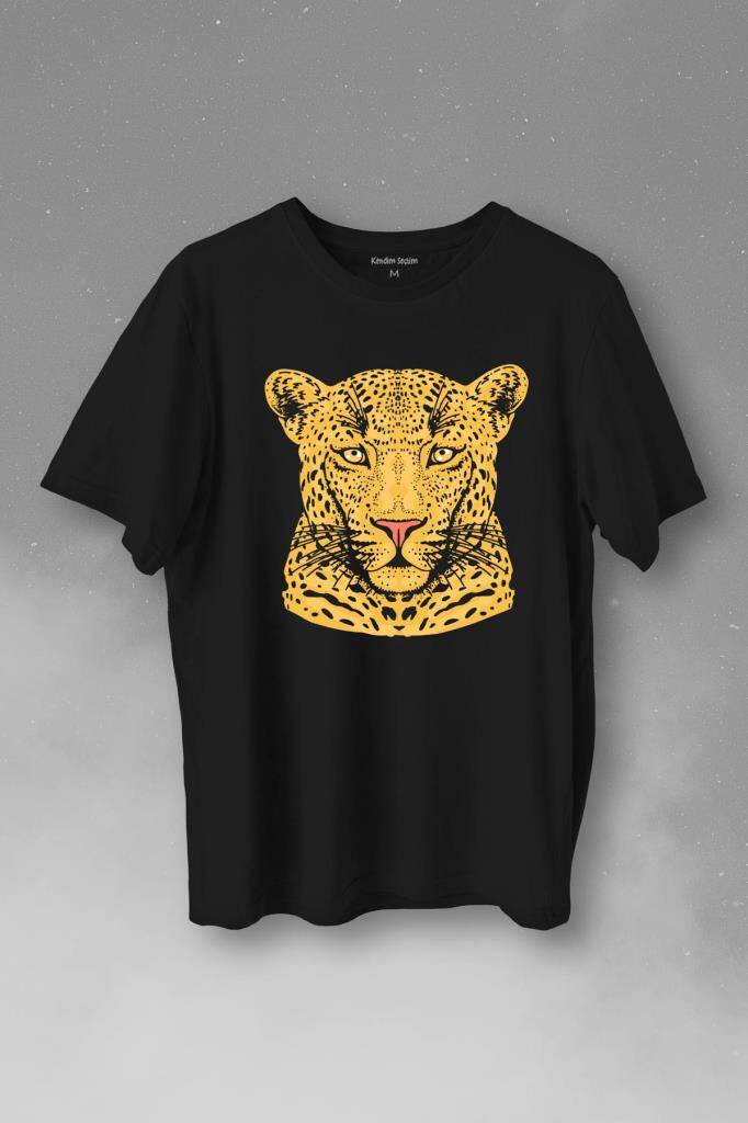 Çita Leopar Yüzü Leopard Face Lion Head Baskılı Siyah Tişört Unisex