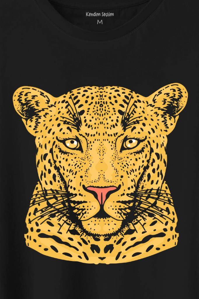 Çita Leopar Yüzü Leopard Face Lion Head Baskılı Siyah Tişört Unisex (1)