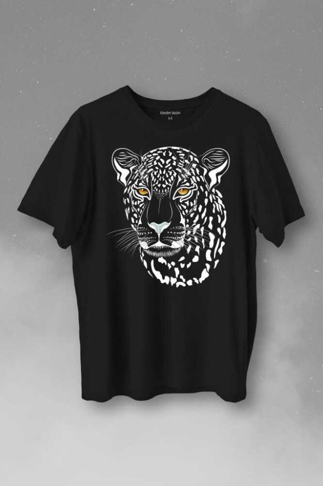 Leopar Yüzü Leopard Face Çita Lion Head Baskılı Siyah Tişört Unisex