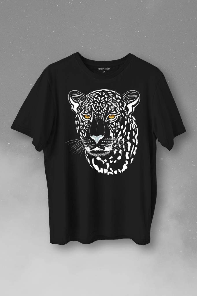 Leopar Yüzü Leopard Face Çita Lion Head Baskılı Siyah Tişört Unisex