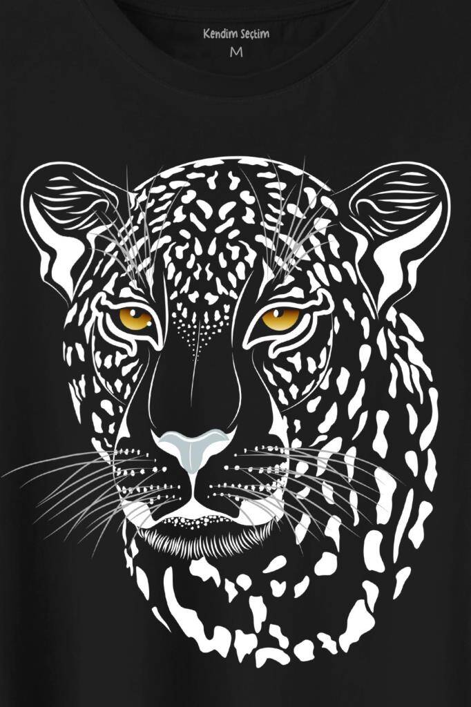 Leopar Yüzü Leopard Face Çita Lion Head Baskılı Siyah Tişört Unisex (1)