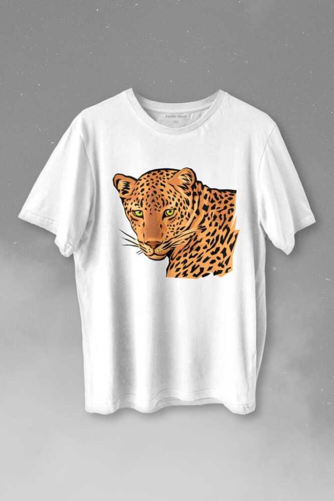 Leopard Face Çita Leopar Yüzü Lion Head Baskılı Beyaz Tişört Unisex