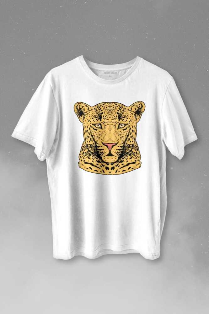 Çita Leopar Yüzü Leopard Face Lion Head Baskılı Beyaz Tişört Unisex