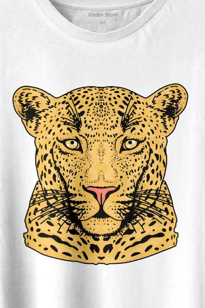 Çita Leopar Yüzü Leopard Face Lion Head Baskılı Beyaz Tişört Unisex (1)