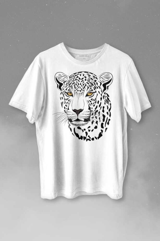 Leopar Yüzü Leopard Face Çita Lion Head Baskılı Beyaz Tişört Unisex