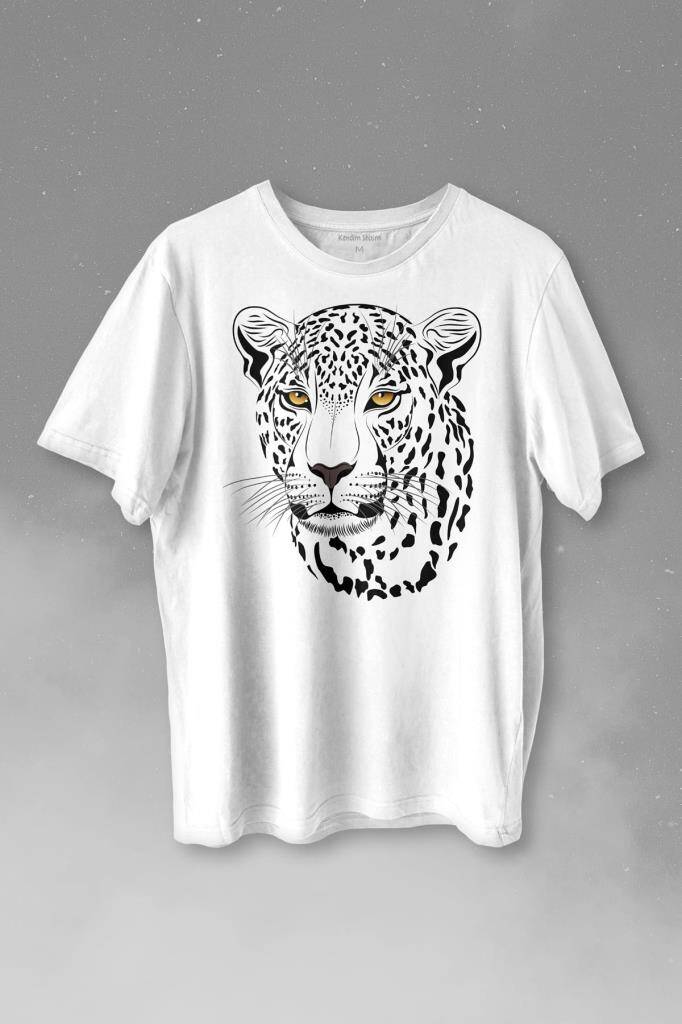 Leopar Yüzü Leopard Face Çita Lion Head Baskılı Beyaz Tişört Unisex