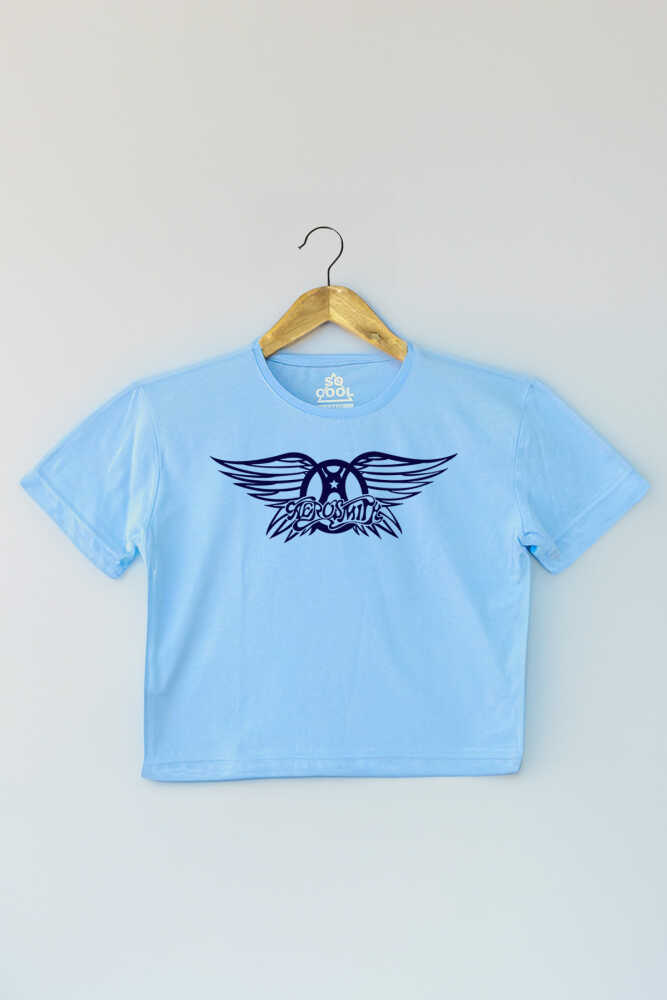 Light Blue Aerosmith Black On Black Wings Baskılı Kadın Crop Tişört Açık Mavi Renk Baby Tee