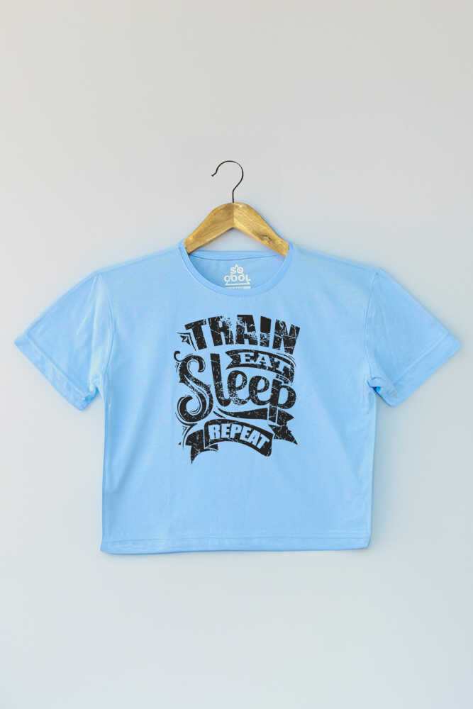 Light Blue Eat Sleep Train Repeat Mavi Renk Kadın Crop Tişört Baby Tee