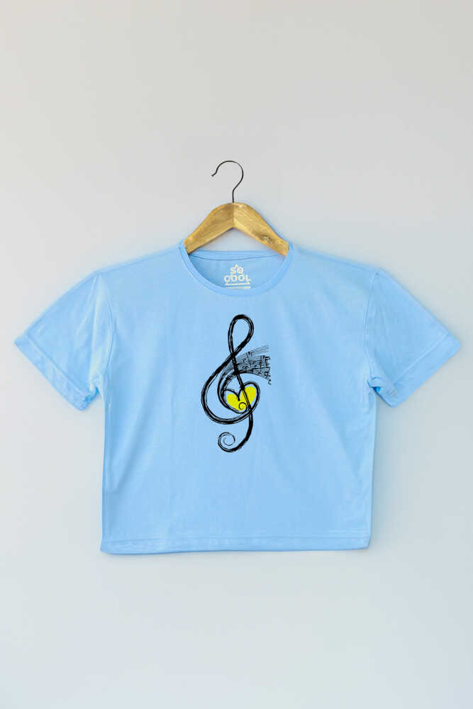 Light Blue Crop T-shirt Müzik Nota Sol Anahtarı Music Mavi Renk Kadın Tişört Baby Tee