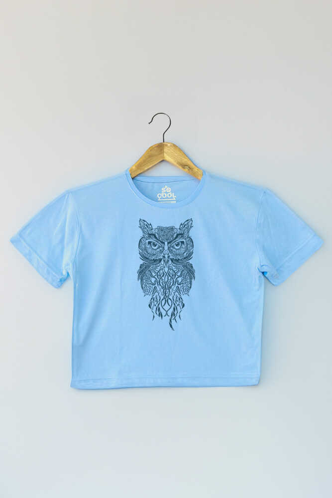 Light Blue Owl Baykuş Design Baskılı Mavi Renk Kadın Crop Tişört Baby Tee