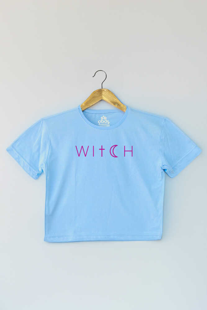 Light Blue Crop T-shirt Witch Cadı Mavi Renk Kadın Tişört Baby Tee