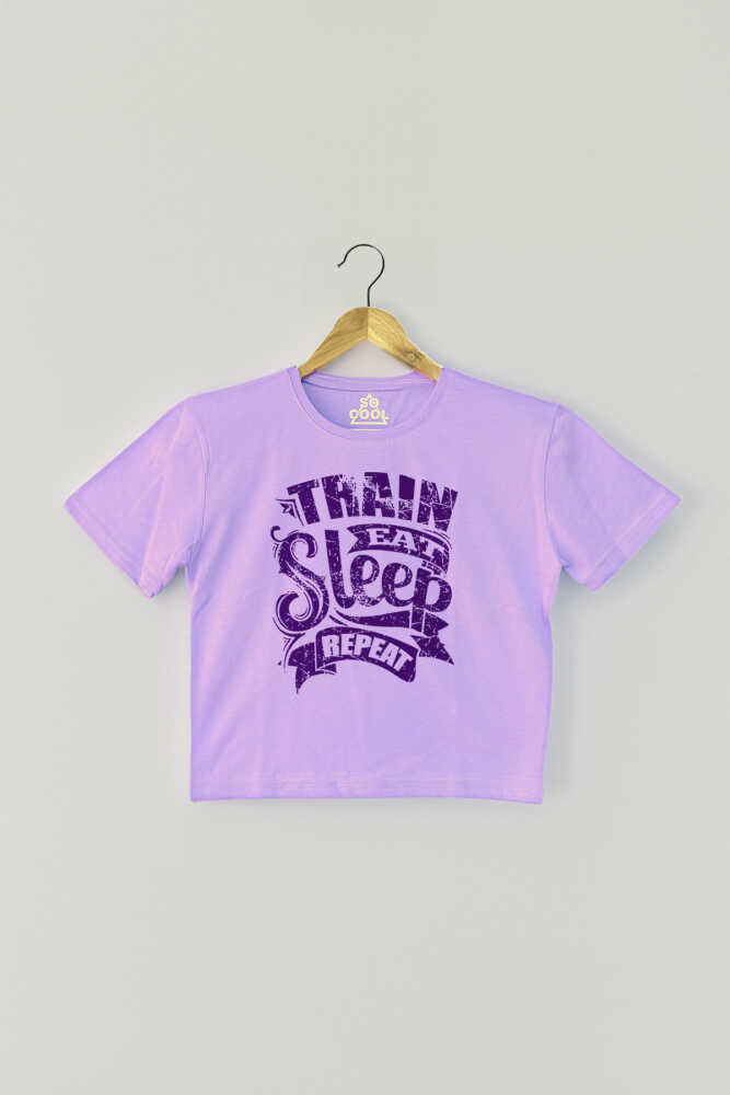 Lila Eat Sleep Train Repeat Mor Renk Kadın Crop Tişört Baby Tee