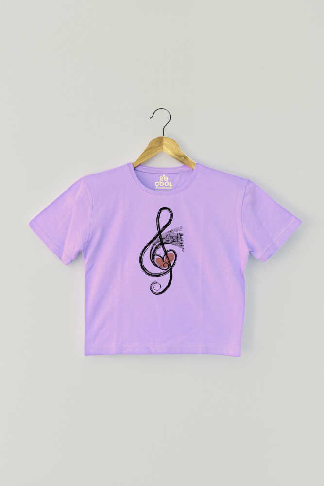 Lila Müzik Nota Sol Anahtarı Music Mor Renk Kadın Crop Tişört Baby Tee