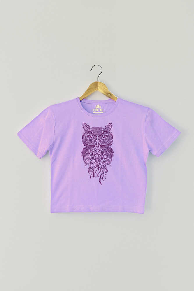 Lila Owl Baykuş Design Baskılı Mor Renk Kadın Crop Tişört Baby Tee