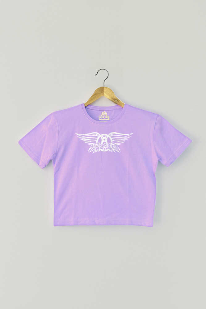 Lila Renk Aerosmith Black On Black Wings Baskılı Kadın Crop Tişört Baby Tee