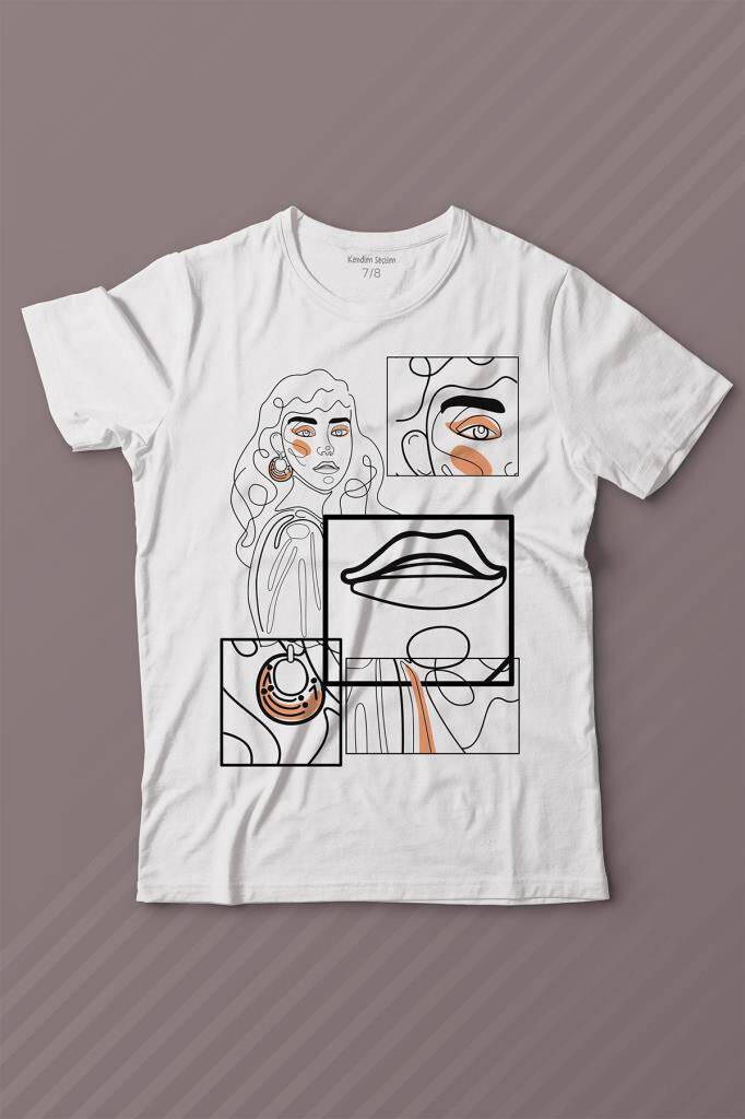 Line Art Kadın Çizim Minimal Baskılı Çocuk Tişört