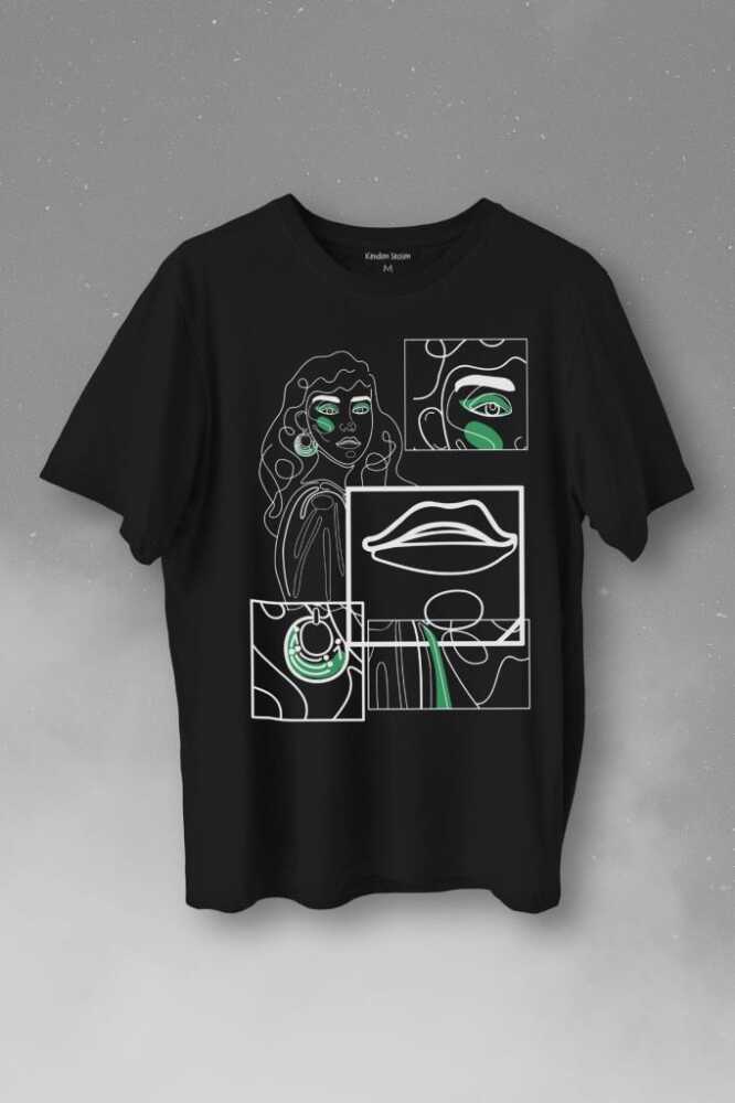 Line Art Kadın Çizim Minimal Baskılı Siyah Tişört Unisex