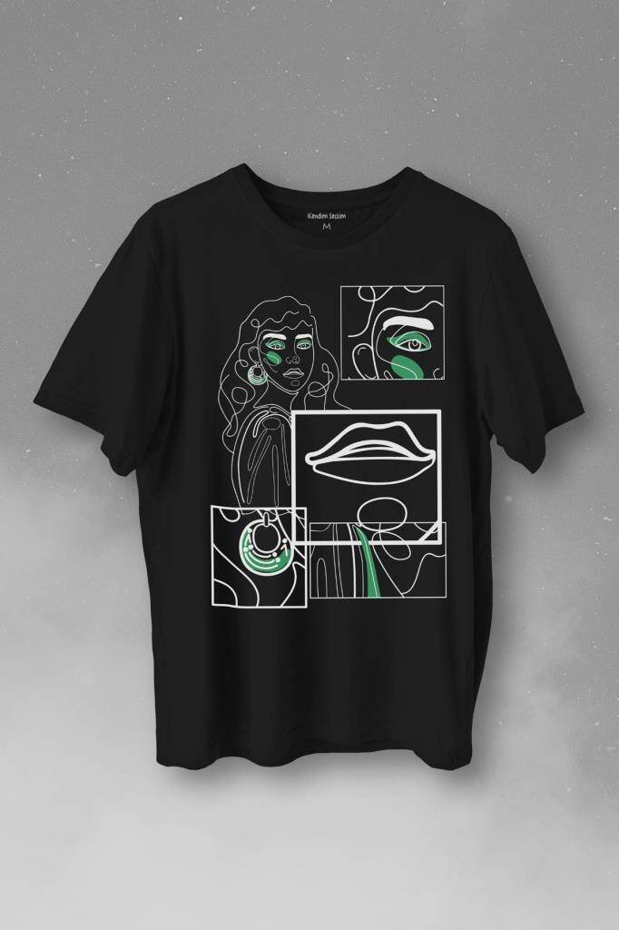 Line Art Kadın Çizim Minimal Baskılı Siyah Tişört Unisex