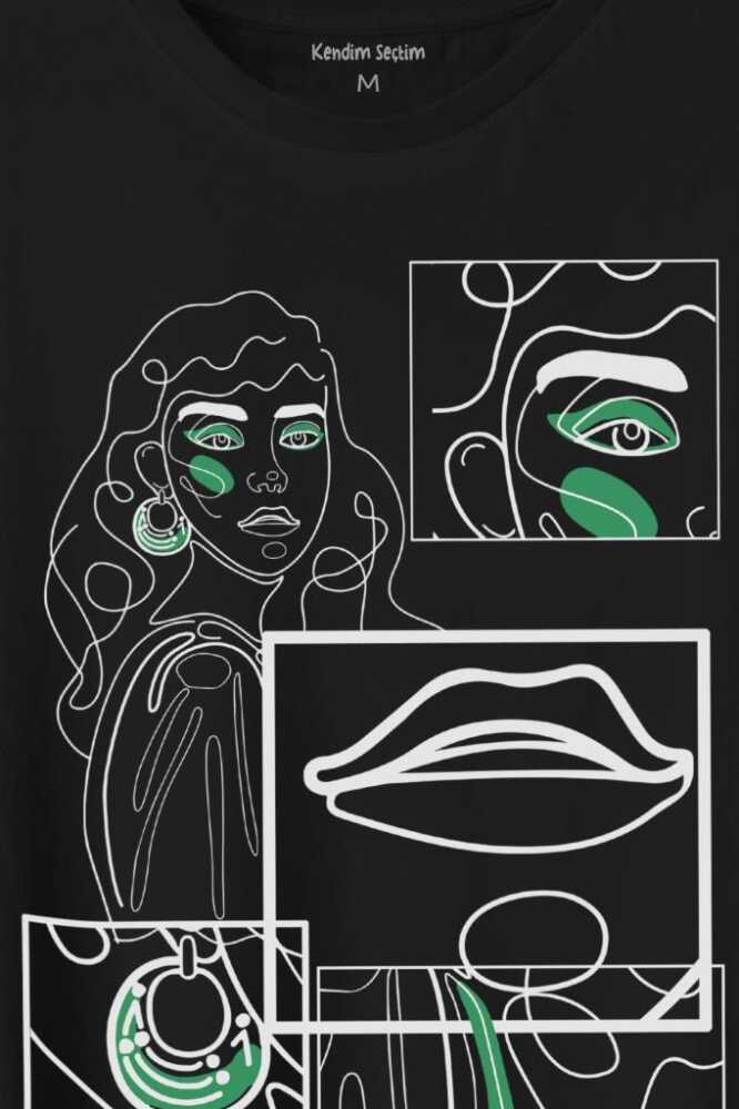Line Art Kadın Çizim Minimal Baskılı Siyah Tişört Unisex (1)