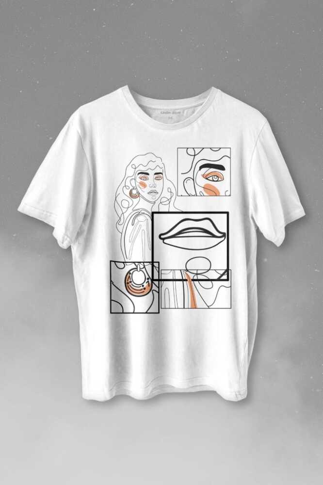 Line Art Kadın Çizim Minimal Baskılı Beyaz Tişört Unisex