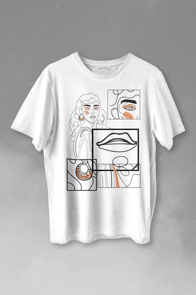 Line Art Kadın Çizim Minimal Baskılı Beyaz Tişört Unisex