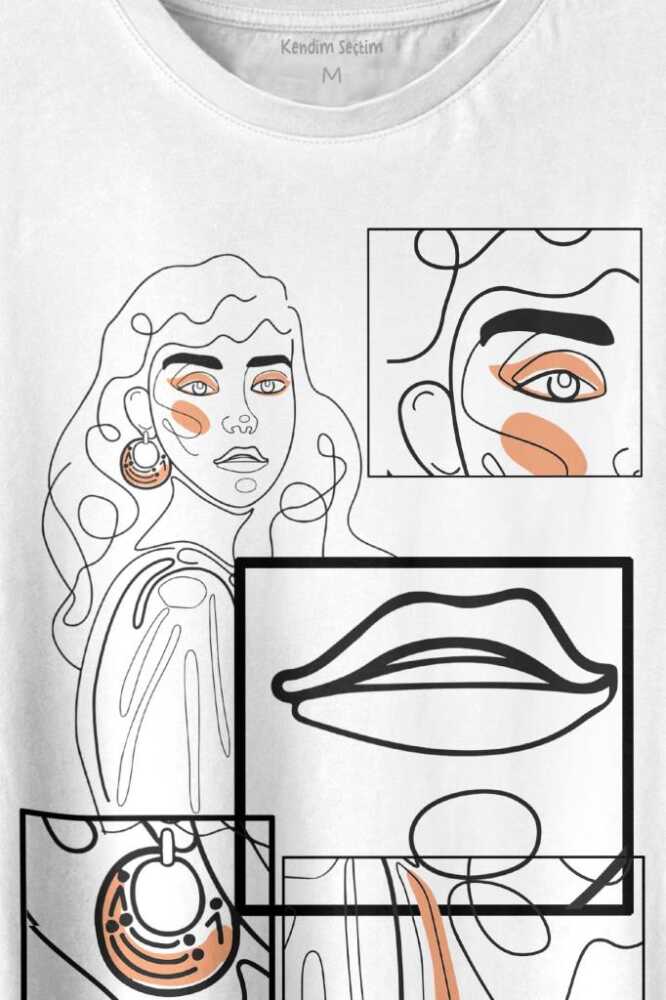 Line Art Kadın Çizim Minimal Baskılı Beyaz Tişört Unisex (1)