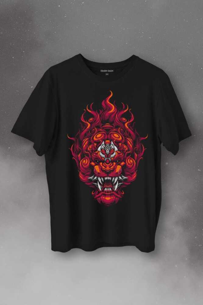 Lion Fire Head Aslan Japan Maske Baskılı Tişört Unisex