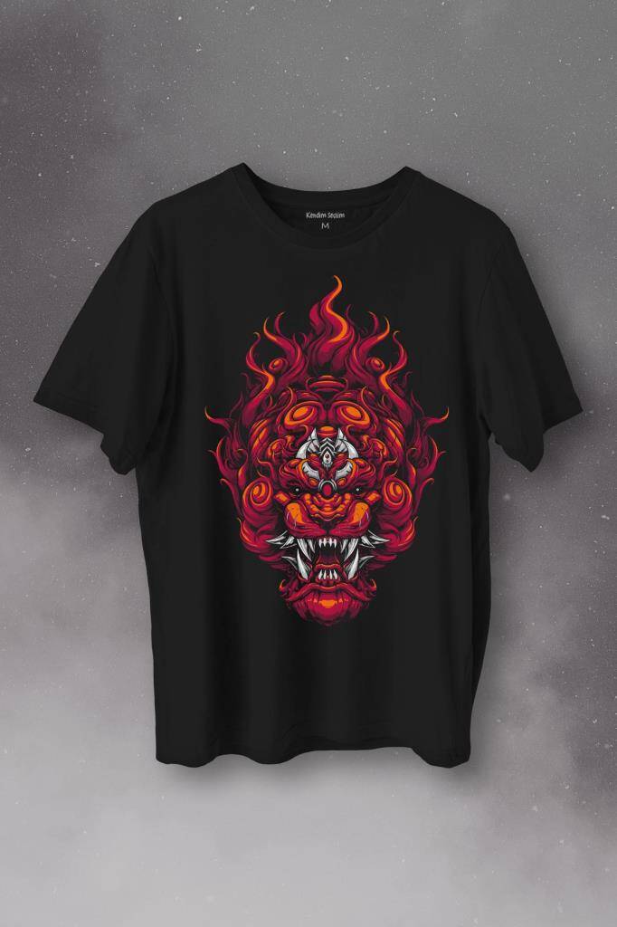 Lion Fire Head Aslan Japan Maske Baskılı Tişört Unisex