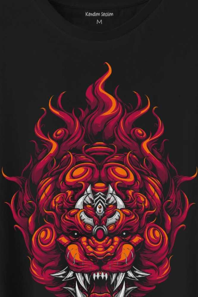 Lion Fire Head Aslan Japan Maske Baskılı Tişört Unisex (1)