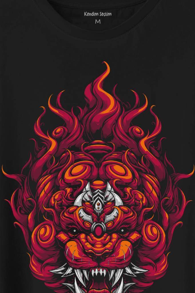 Lion Fire Head Aslan Japan Maske Baskılı Tişört Unisex (1)