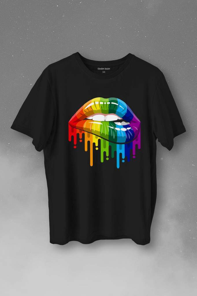 Lips Rainbow Dudak Gökkuşağı Baskılı Siyah Tişört Unisex