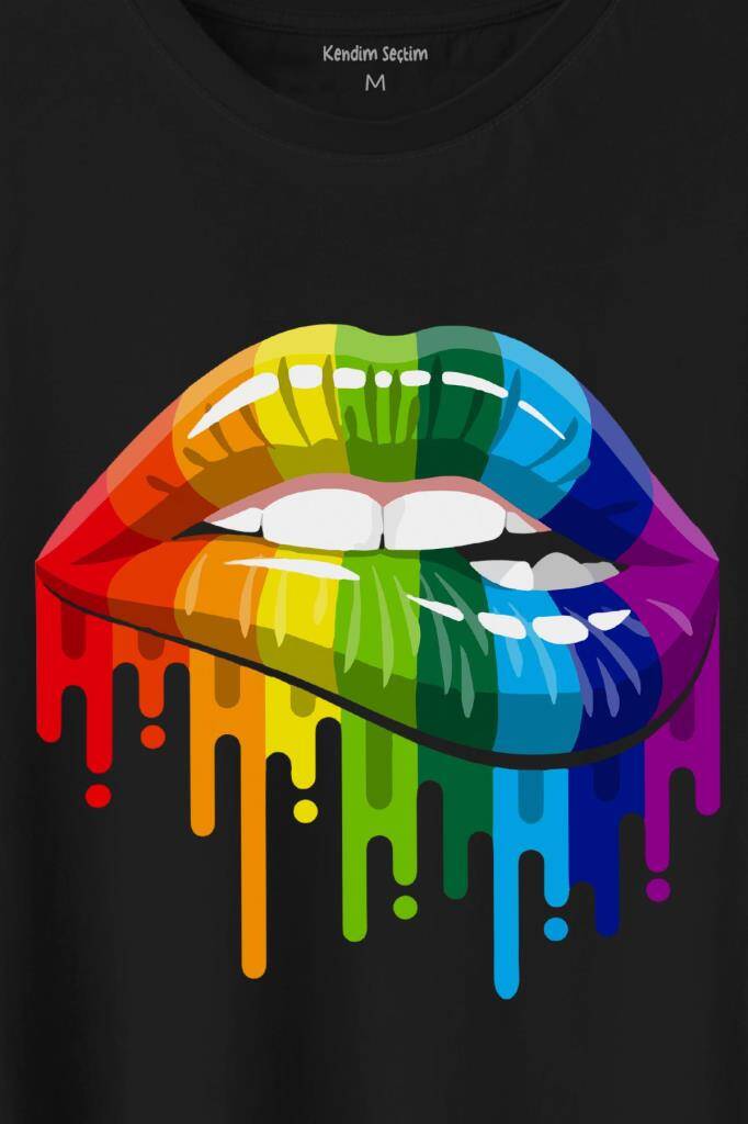 Lips Rainbow Dudak Gökkuşağı Baskılı Siyah Tişört Unisex (1)