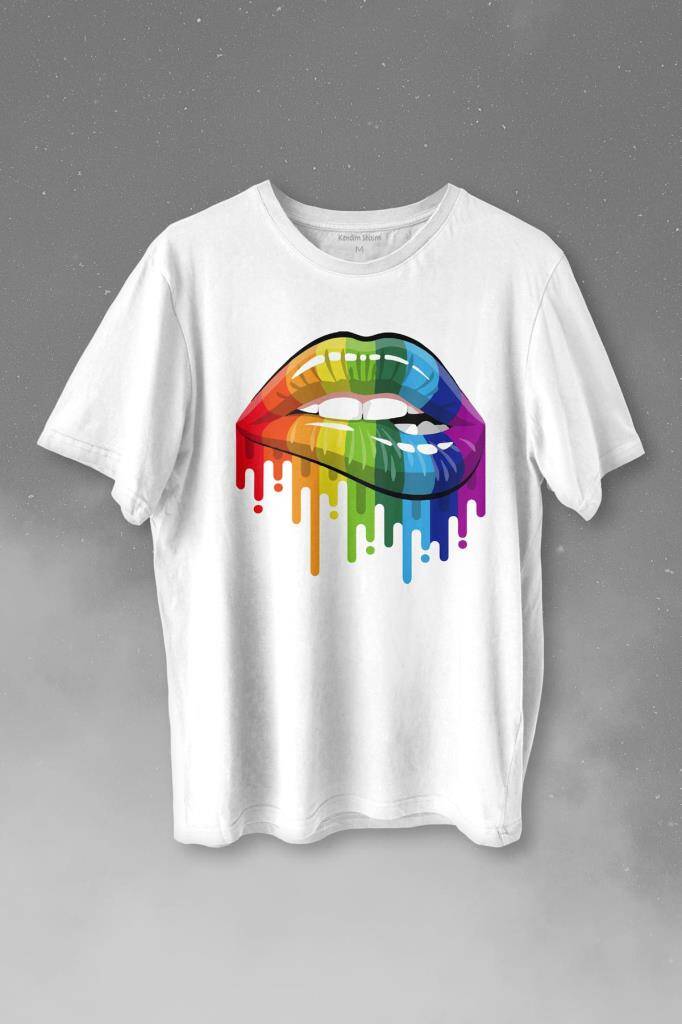 Lips Rainbow Dudak Gökkuşağı Baskılı Beyaz Tişört Unisex