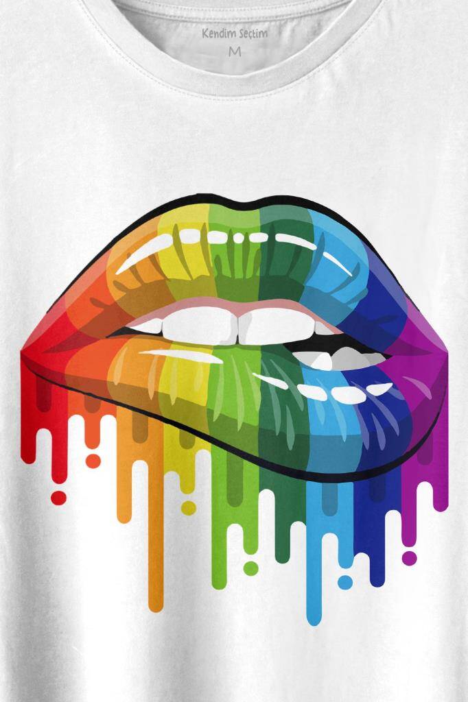 Lips Rainbow Dudak Gökkuşağı Baskılı Beyaz Tişört Unisex (1)