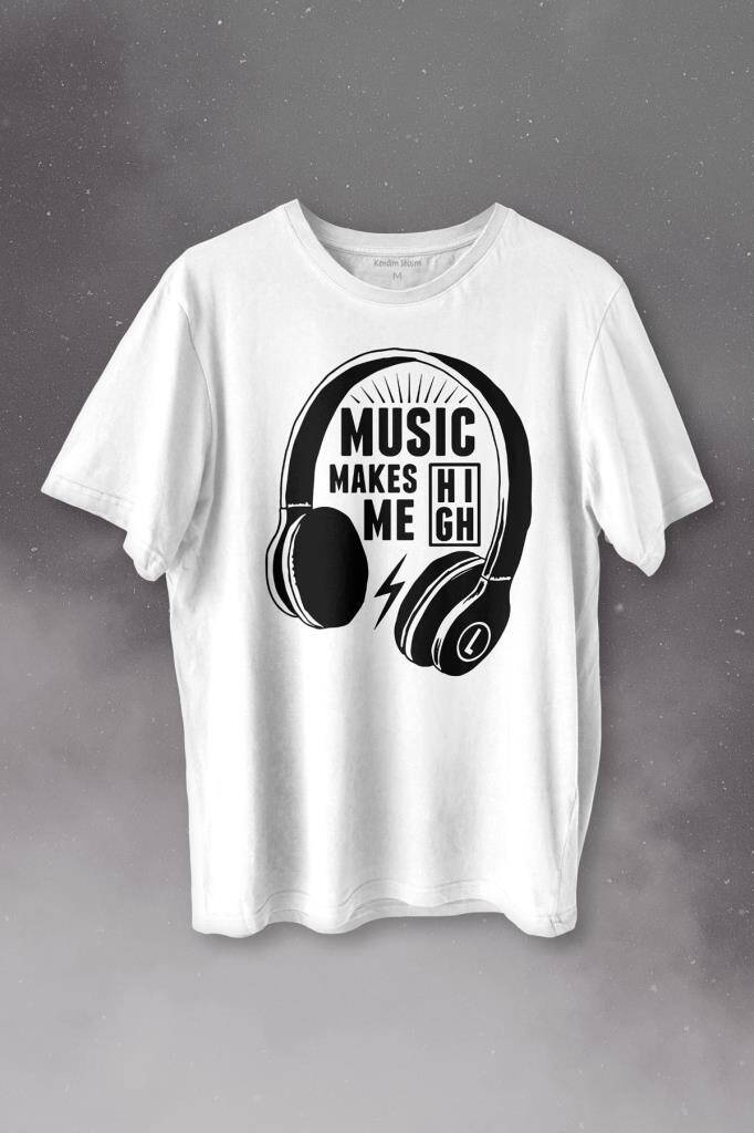 Lost Boyz Music Makes Me High Kulaklık Baskılı Beyaz Tişört Unisex - 1
