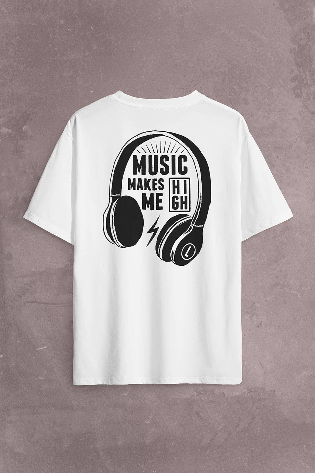 Lost Boyz Music Makes Me High Kulaklık Sırt Ön Baskılı Beyaz Oversize Tişört Unisex