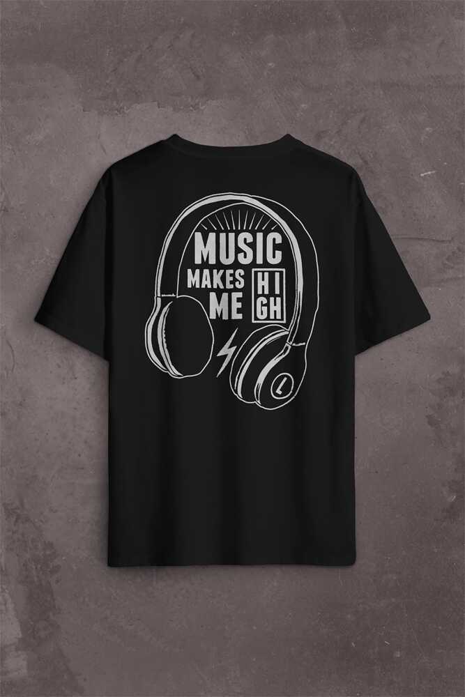 Lost Boyz Music Makes Me High Kulaklık Sırt Ön Baskılı Oversize Tişört Unisex T-Shirt - 1
