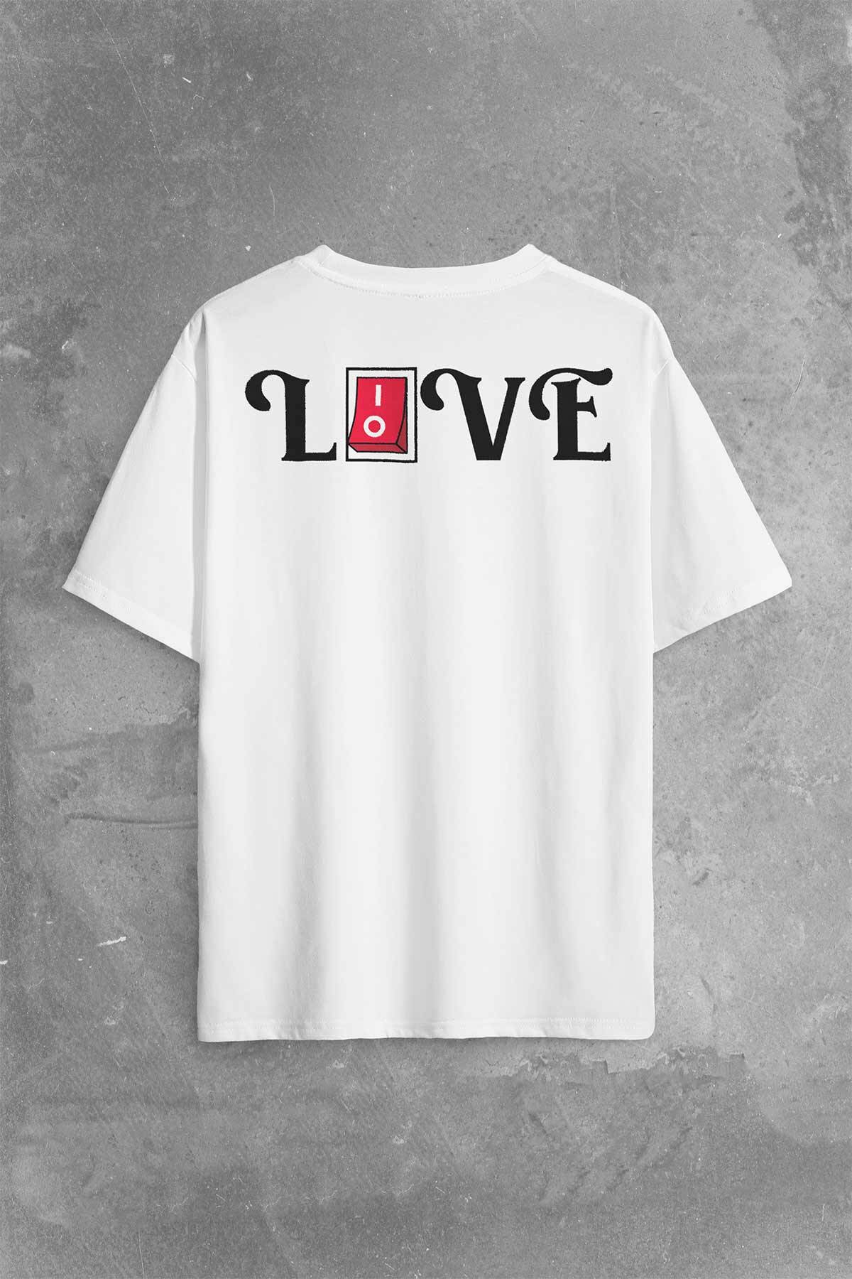 Love Live Tipografi Anahtar Sırt Ön Baskılı Beyaz Oversize Tişört Unisex
