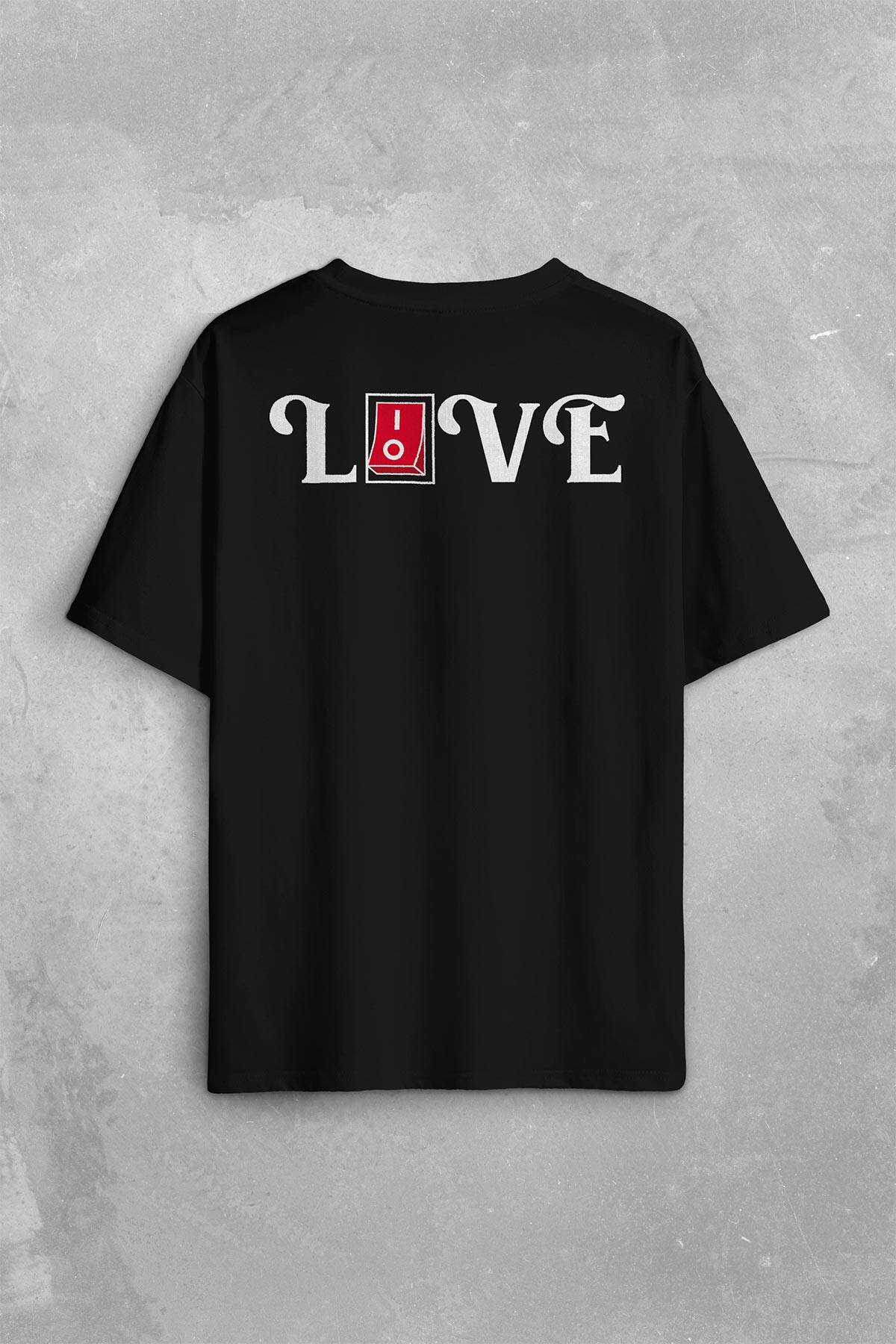 Love Live Tipografi Anahtar Sırt Ön Baskılı Siyah Oversize Tişört Unisex