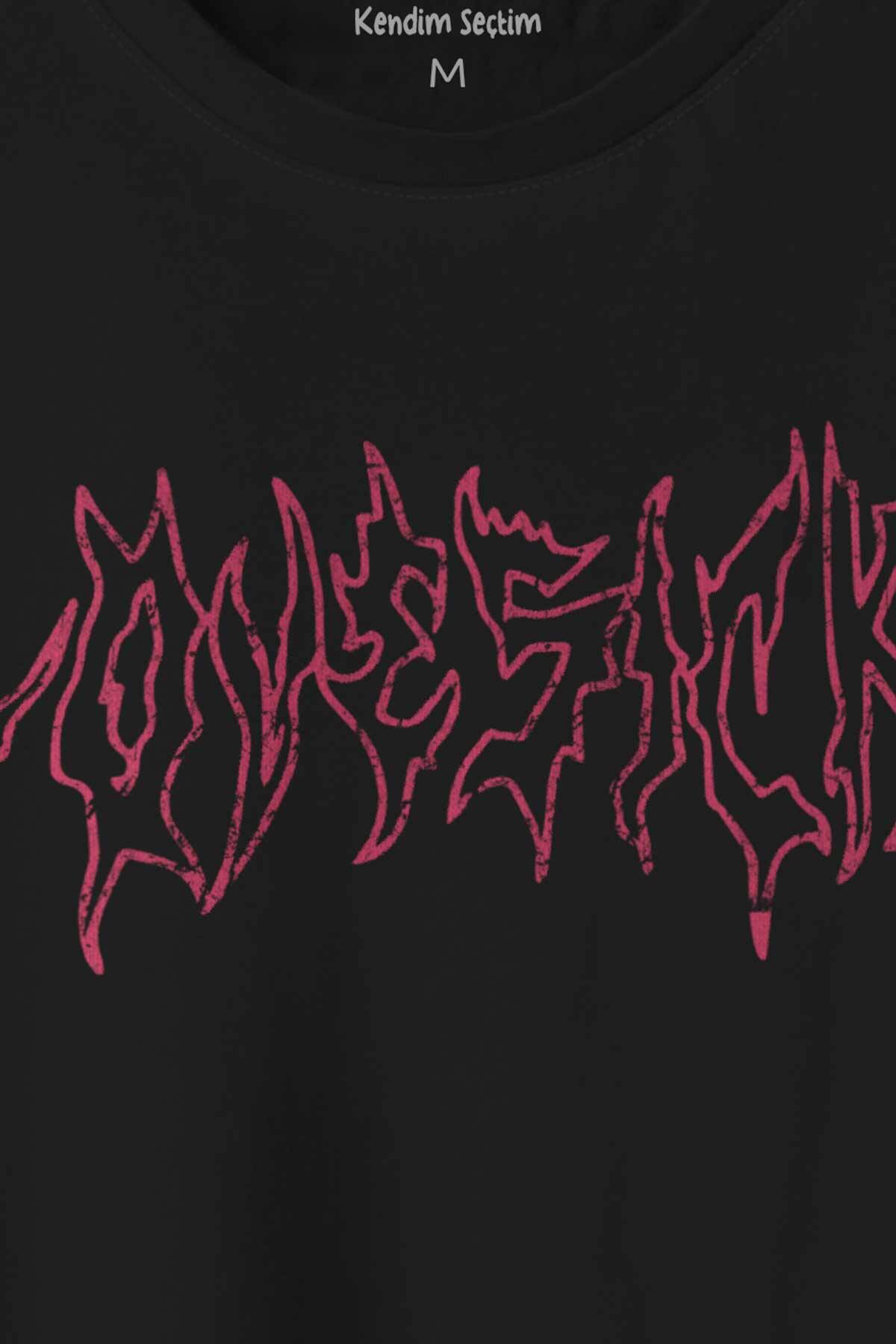 Lovesick Blackpink K-Pop Korea Gotik Baskılı Siyah Tişört Unisex (1)