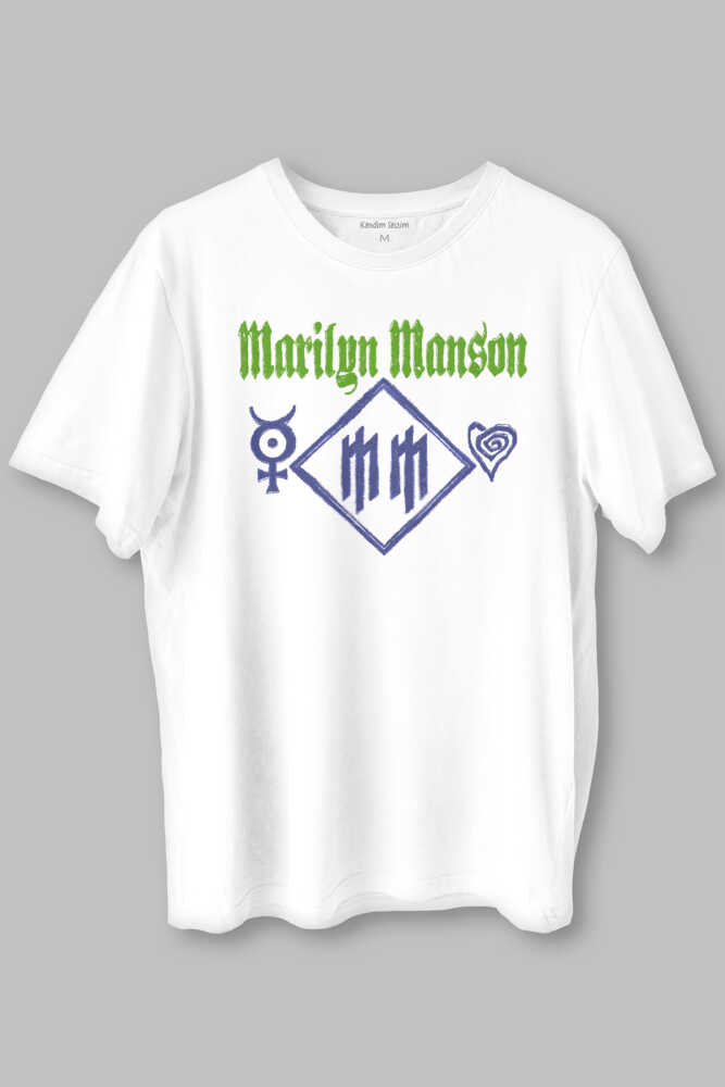 Marilyn Manson Logo Kalp Rock Metal Müzik Baskılı Beyaz Unisex Kısa Kollu Tişört