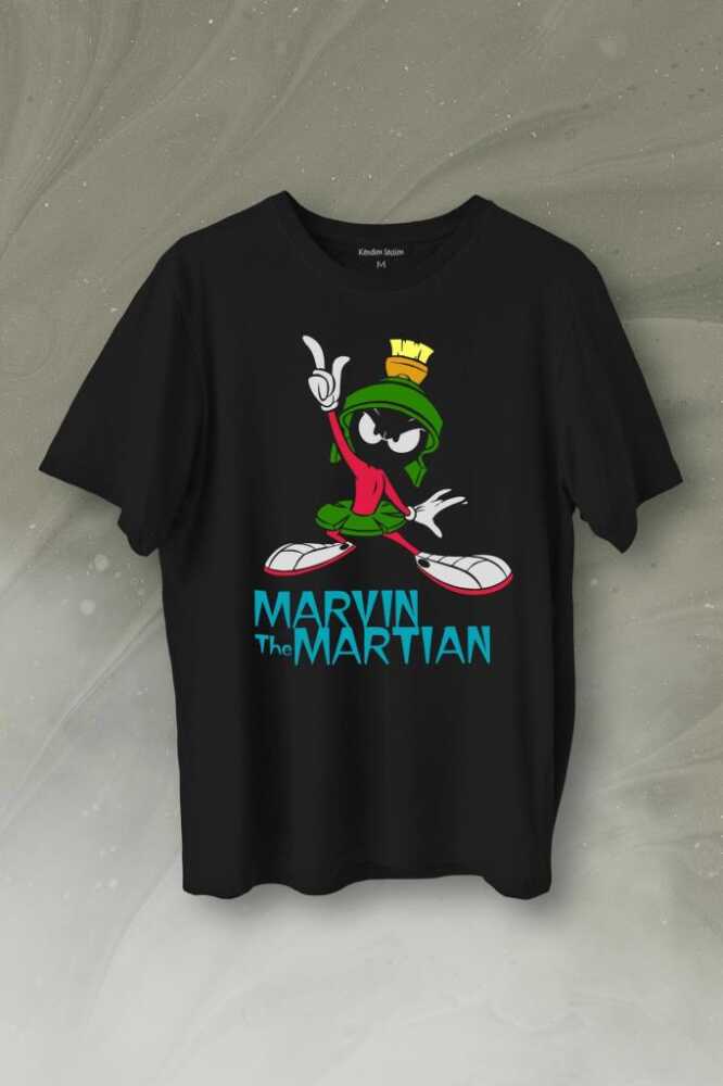 Marvin The Martian Marslı Marvin Çizgi Film Baskılı Siyah Tişört Unisex