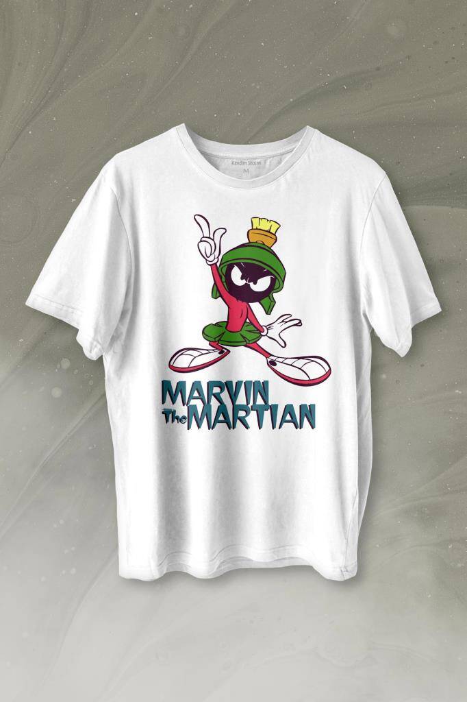 Marvin The Martian Marslı Marvin Çizgi Film Baskılı Beyaz Tişört Unisex