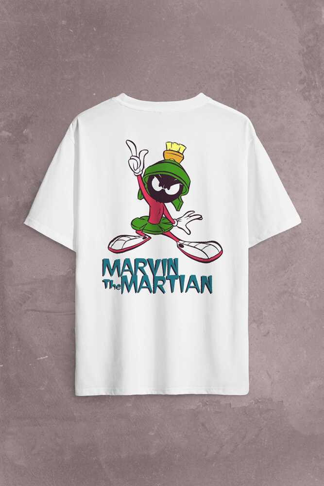 Marvin The Martian Marslı Marvin Çizgi Film Sırt Ön Baskılı Beyaz Oversize Tişört Unisex