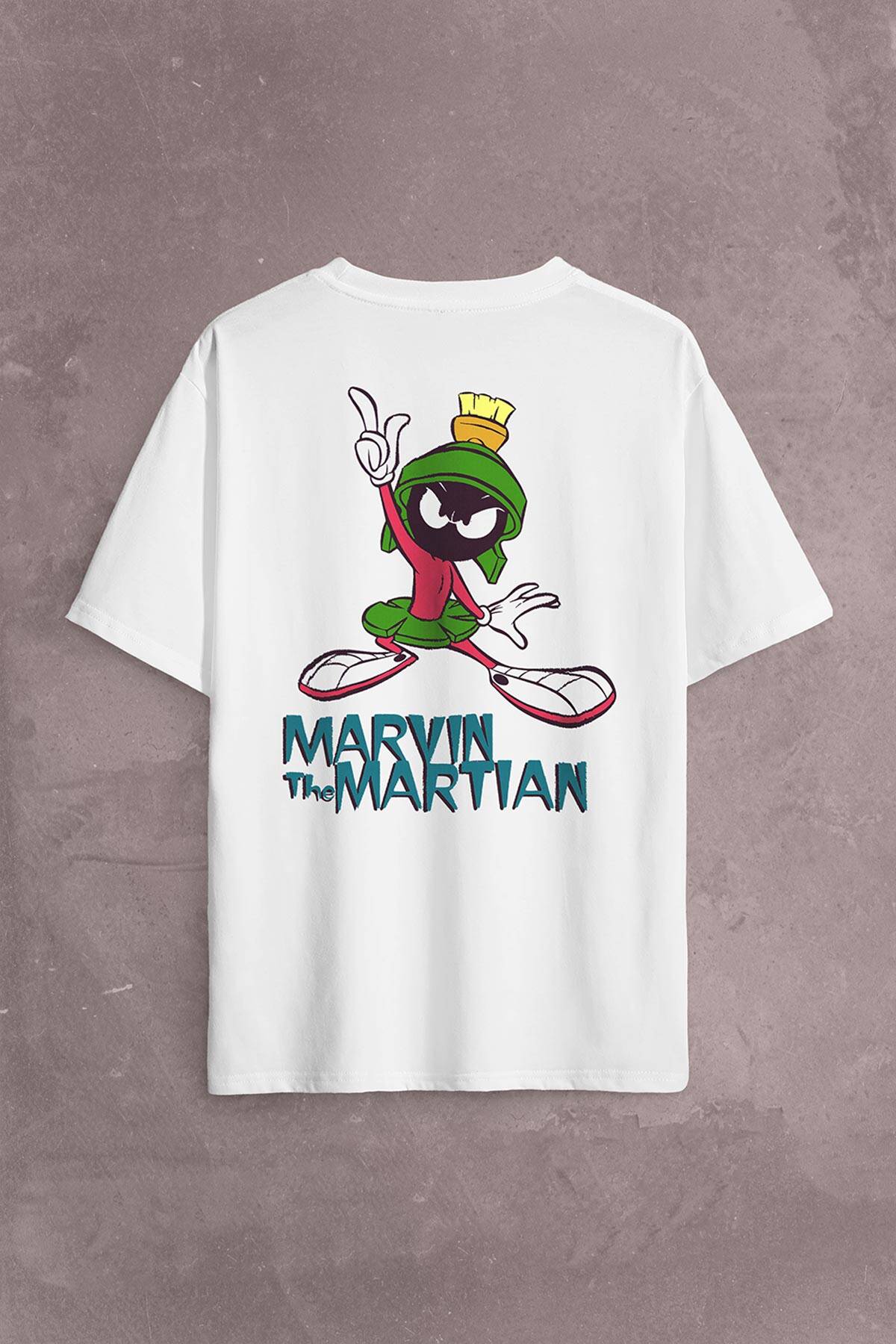 Marvin The Martian Marslı Marvin Çizgi Film Sırt Ön Baskılı Beyaz Oversize Tişört Unisex